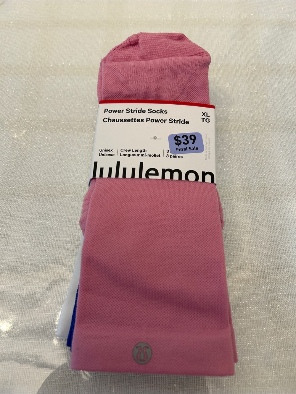 Lululemon Power Stride Crew Socks - Pink (Unisex) Xl new with tag 3 pair